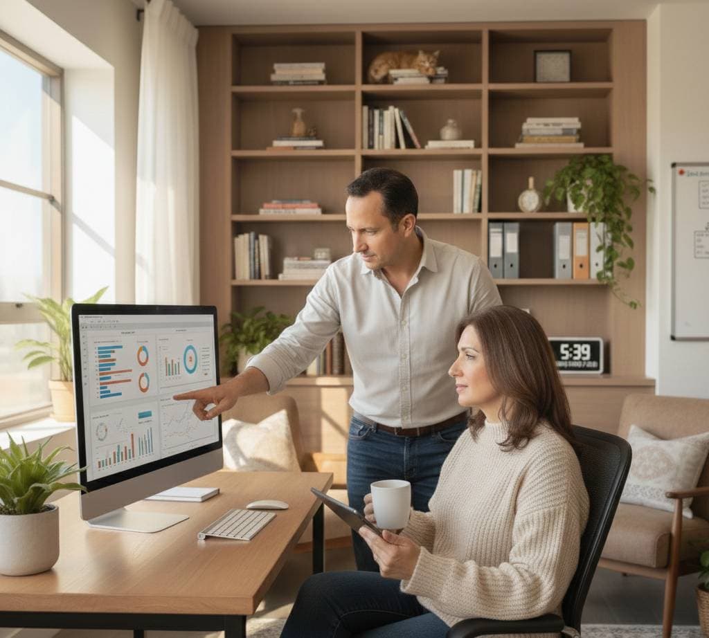Ana and Antonio working together at a desk with a laptop