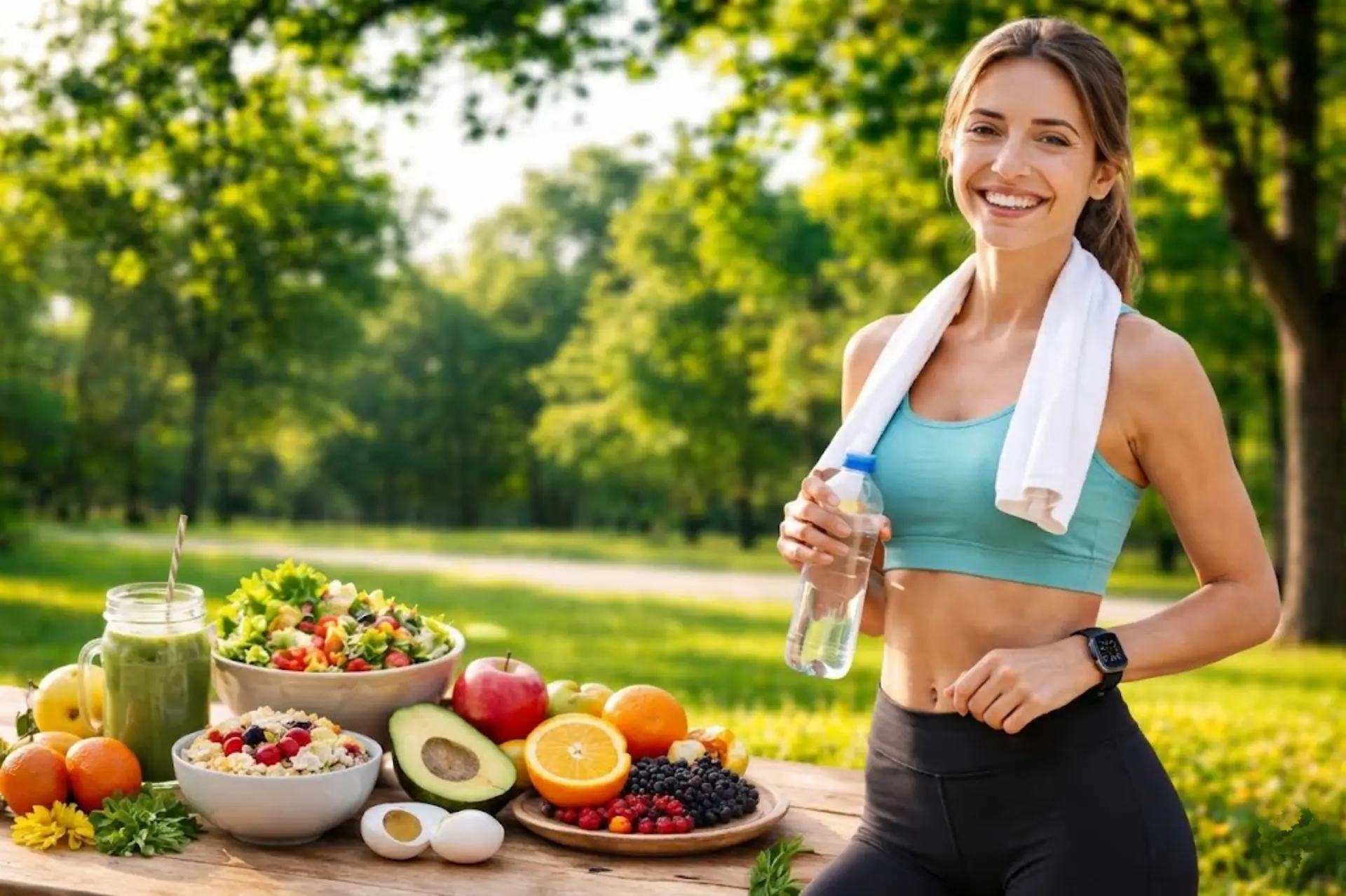 Smiling woman with a towel after a workout, beside a table of fresh fruit and salads in a sunny park